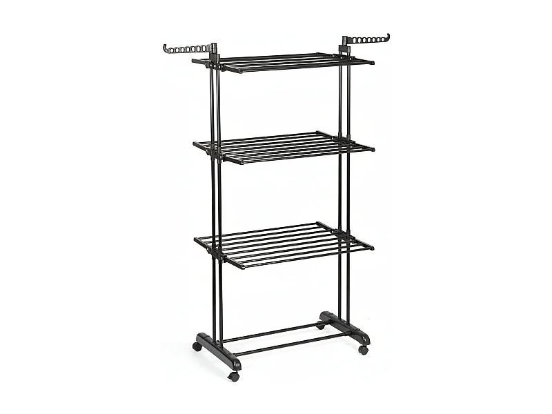 Etendoir a linge vertical en métal noir sur roulettes 125 x 170 cm