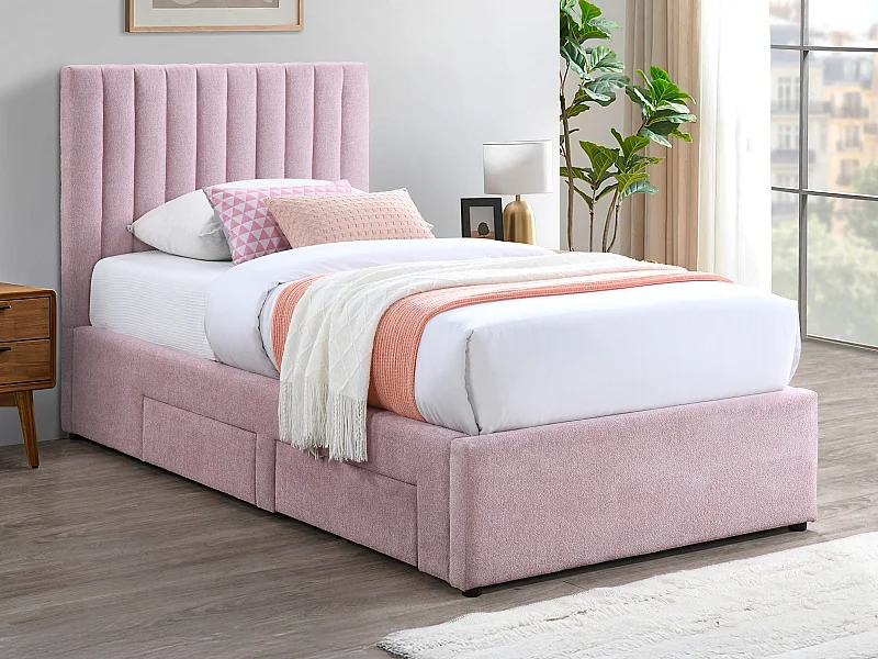Lit 90 x 190 cm avec 2 tiroirs - Tissu - Rose + Matelas - SARAH