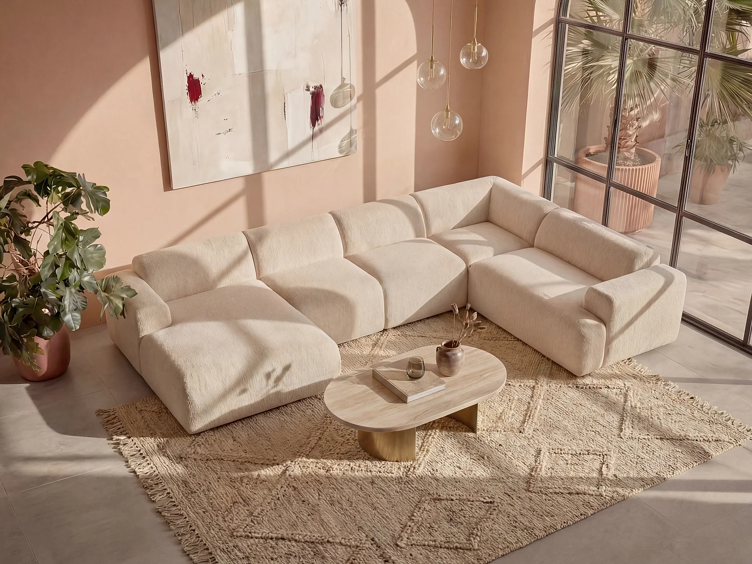 Grand canapé d'angle gauche panoramique en tissu bouclette blanc POGNI de Maison Céphy