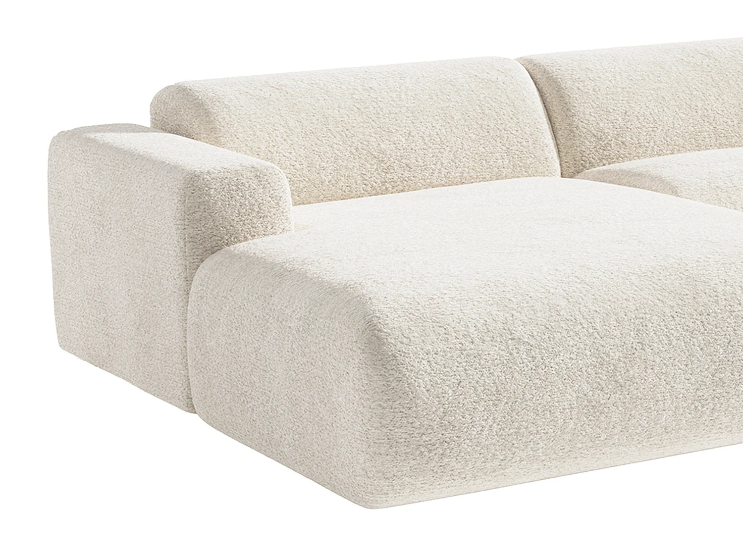 Grand canapé d'angle gauche panoramique en tissu bouclette blanc POGNI de Maison Céphy