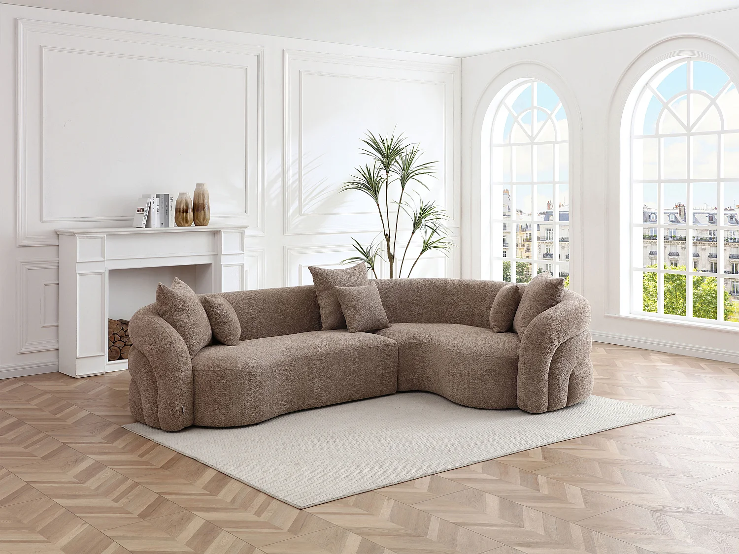 Canapé d'angle droit en tissu bouclette taupe LAPIOTA de Maison Céphy