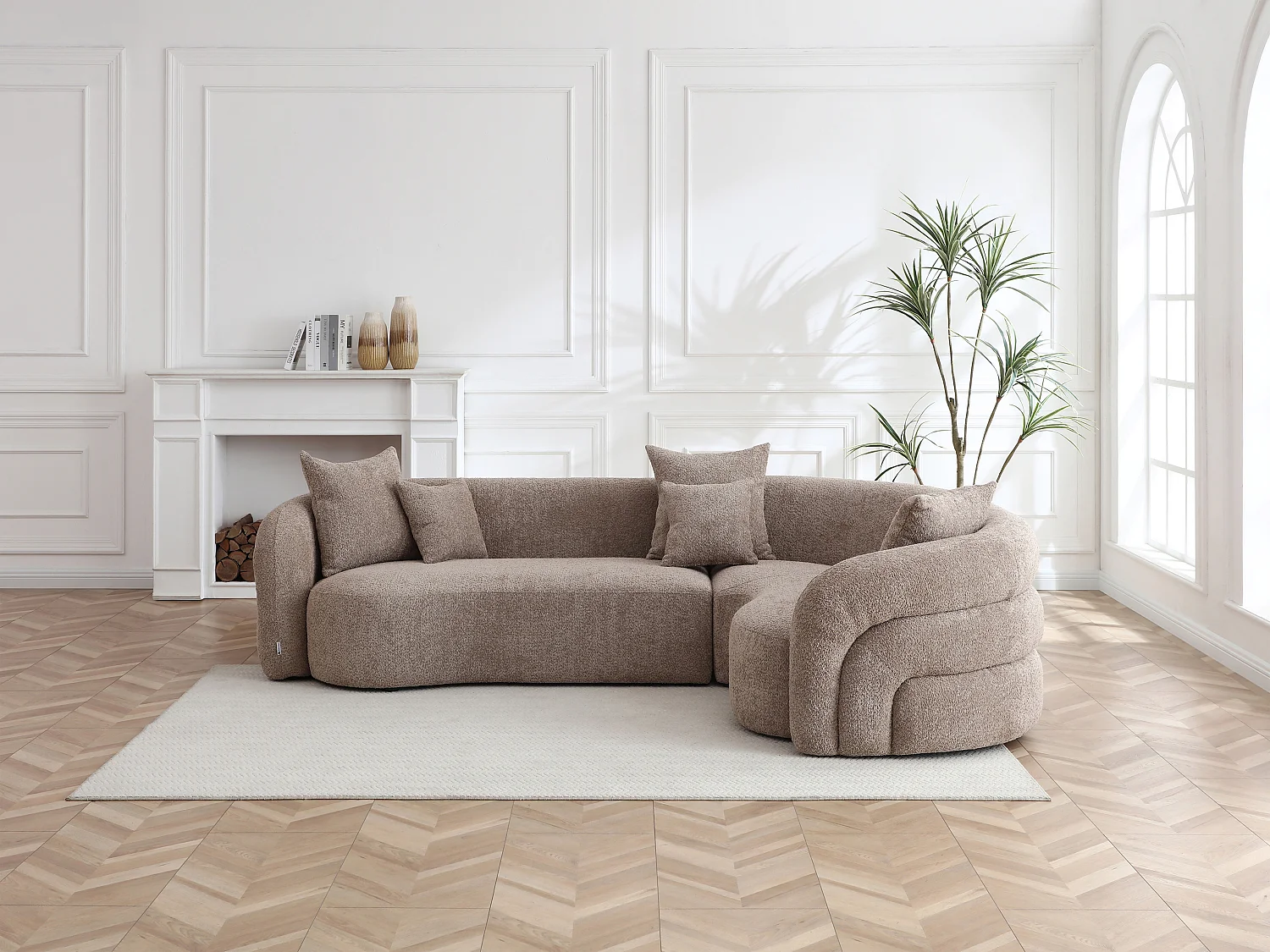 Canapé d'angle droit en tissu bouclette taupe LAPIOTA de Maison Céphy