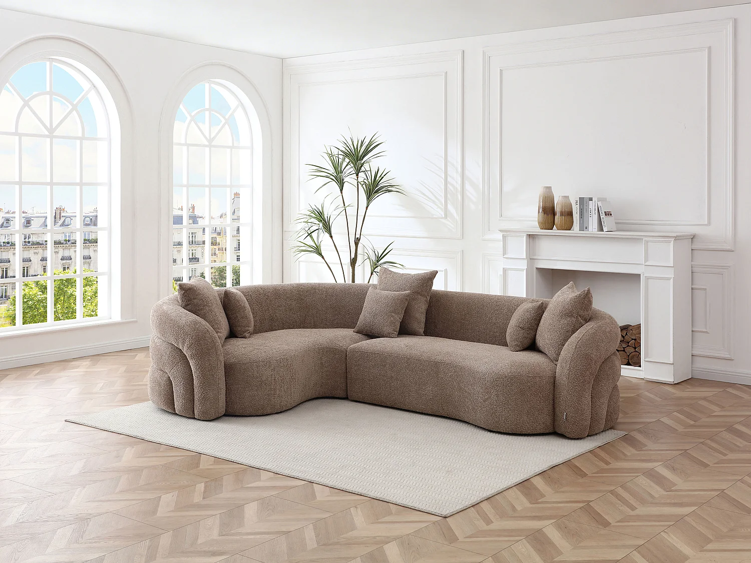 Canapé d'angle gauche en tissu bouclette taupe LAPIOTA de Maison Céphy