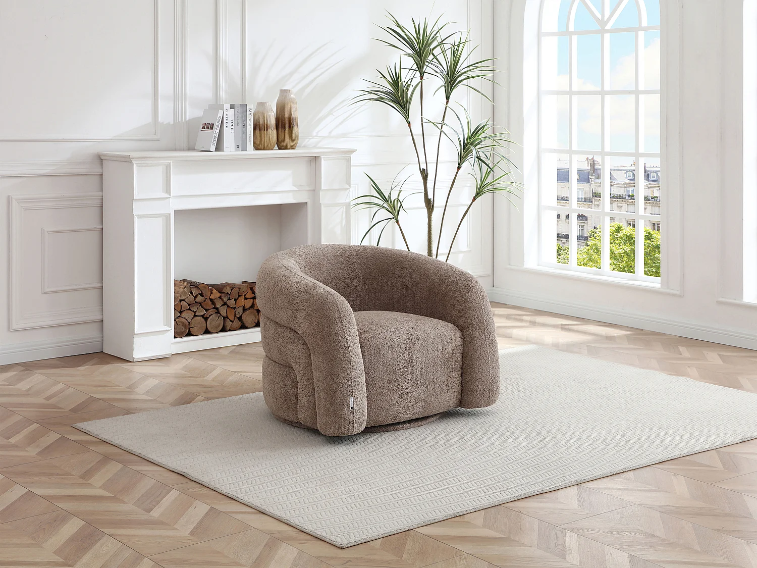 Fauteuil pivotant en tissu bouclette taupe LAPIOTA de Maison Céphy