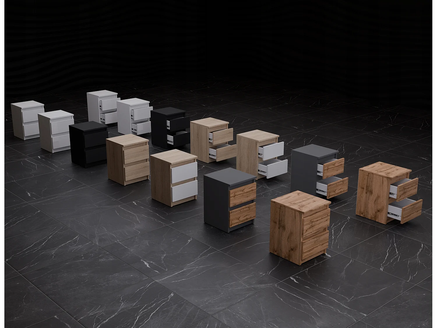 Nachtkastje Zwart 40x40x54 cm, met 2 lades, nachtkast voor de slaapkamer