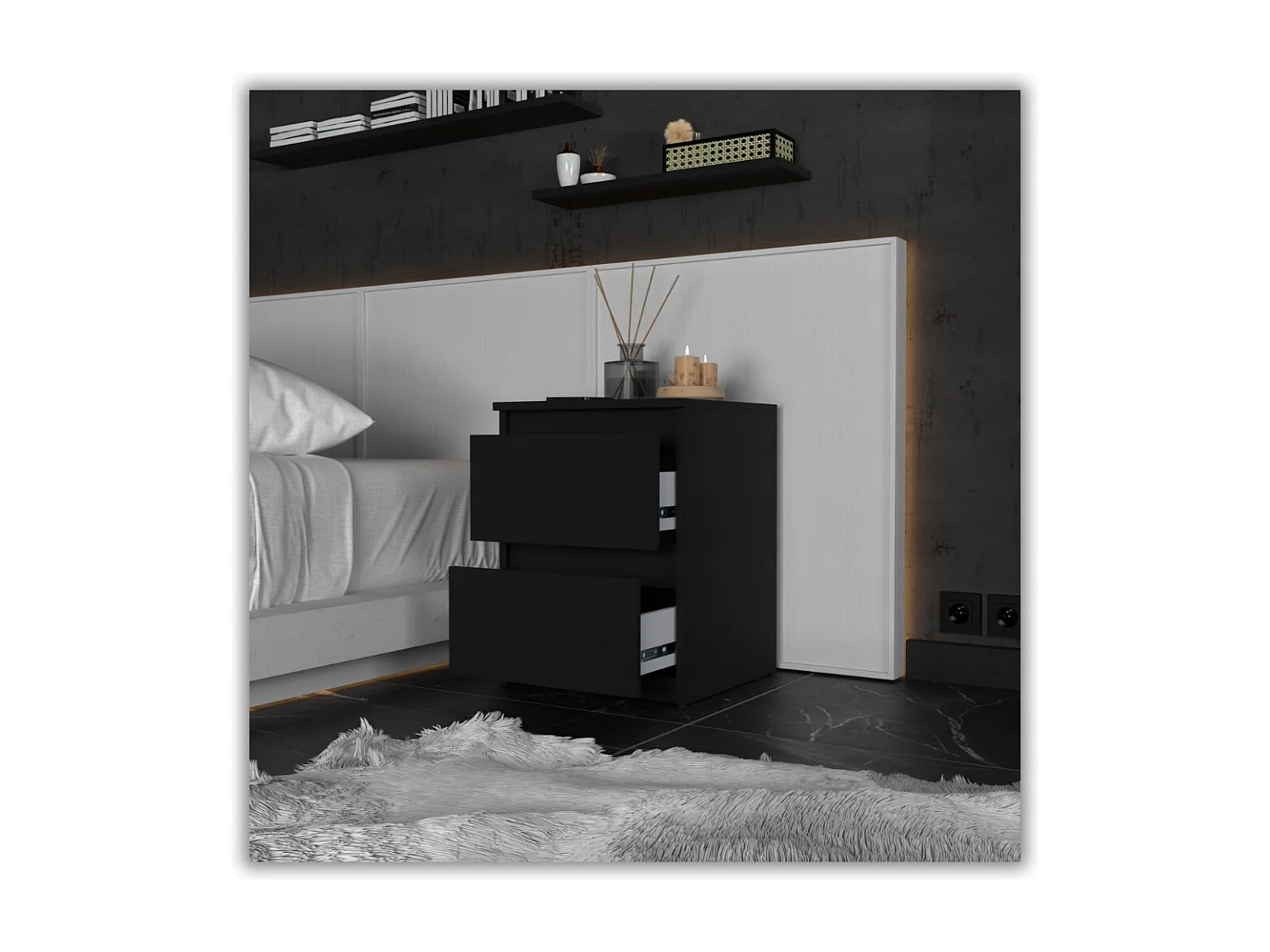 Table de chevet Noir  40X40X54cm, 2 tiroirs, meuble de nuit pour chambre à coucher