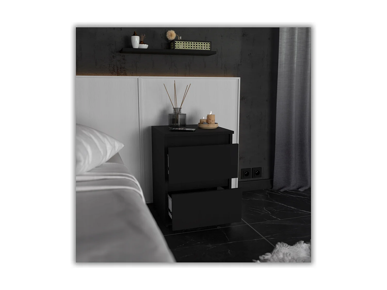 Table de chevet Noir  40X40X54cm, 2 tiroirs, meuble de nuit pour chambre à coucher