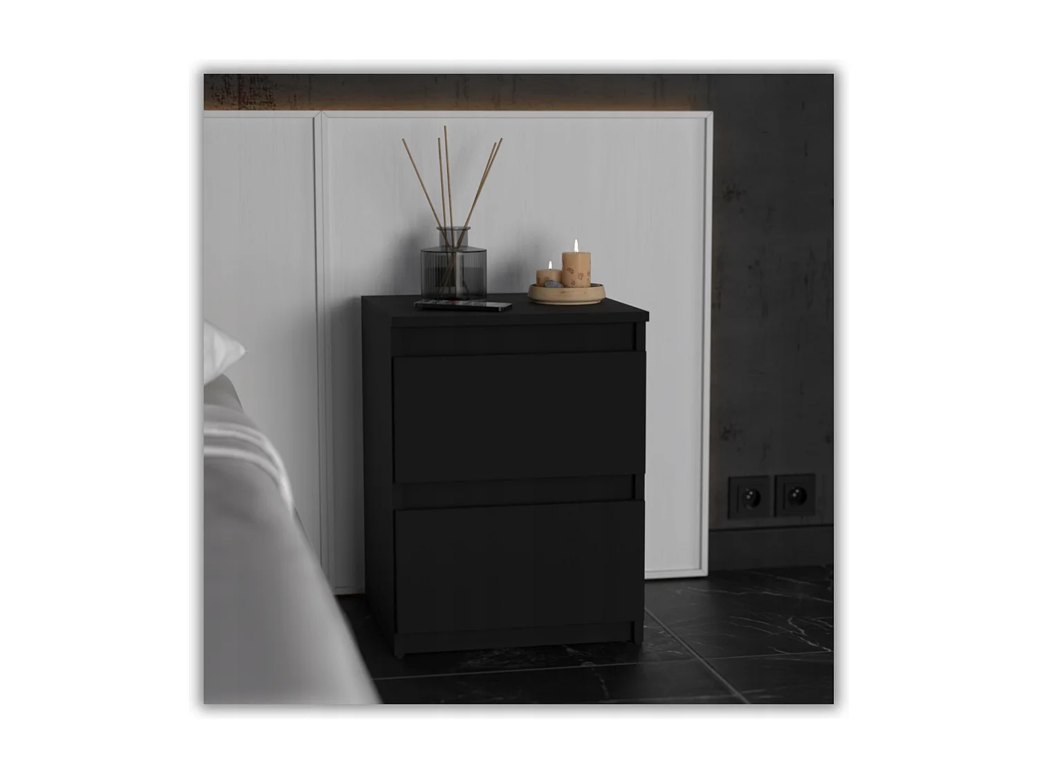 Table de chevet Noir  40X40X54cm, 2 tiroirs, meuble de nuit pour chambre à coucher