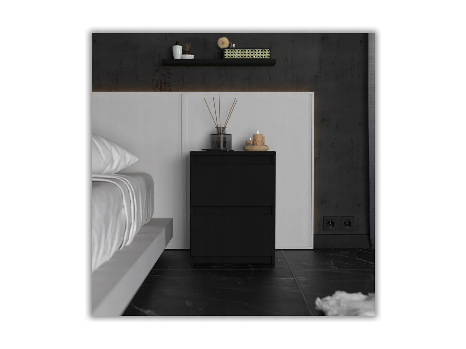 Table de chevet Noir  40X40X54cm, 2 tiroirs, meuble de nuit pour chambre à coucher