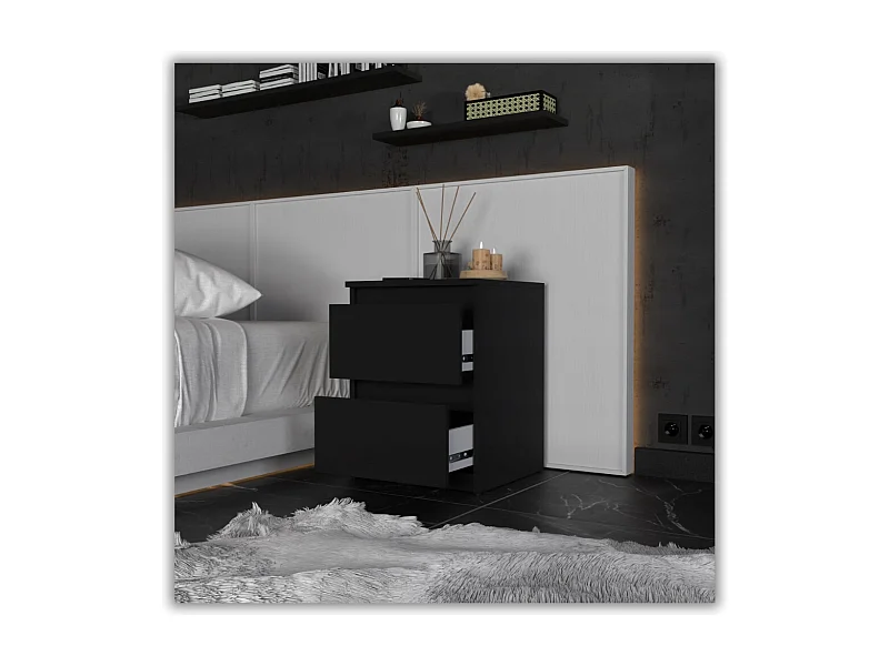 Table de chevet Noir  40X40X54cm, 2 tiroirs, meuble de nuit pour chambre à coucher