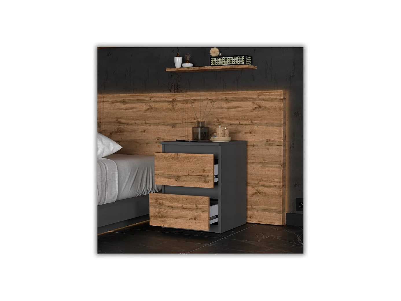 Comodino Grigio Rovere Wotan 40x40x54 cm, con 2 cassetti, mobile da notte per camera da letto