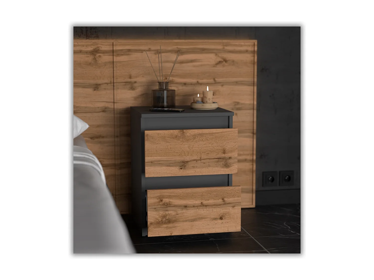 Comodino Grigio Rovere Wotan 40x40x54 cm, con 2 cassetti, mobile da notte per camera da letto