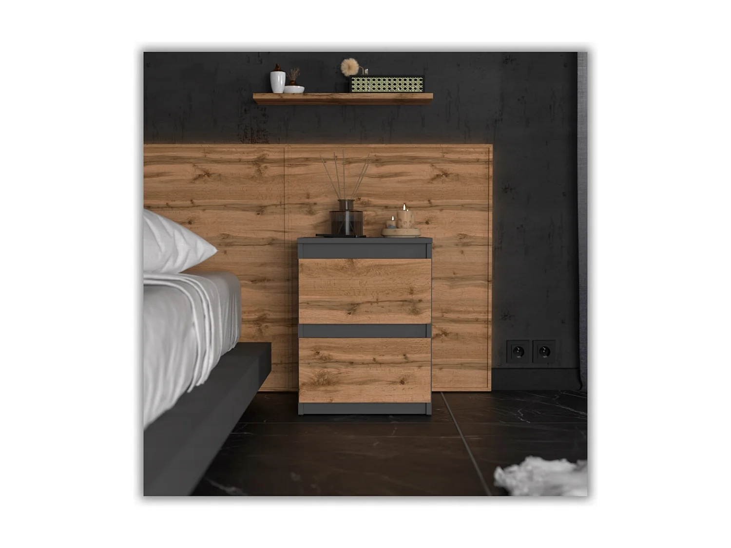 Comodino Grigio Rovere Wotan 40x40x54 cm, con 2 cassetti, mobile da notte per camera da letto