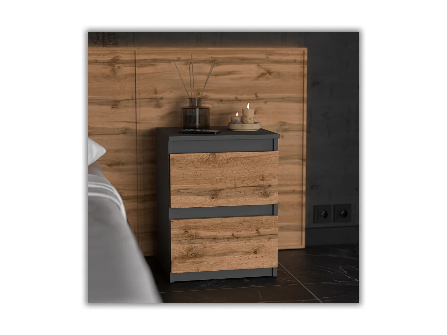 Comodino Grigio Rovere Wotan 40x40x54 cm, con 2 cassetti, mobile da notte per camera da letto