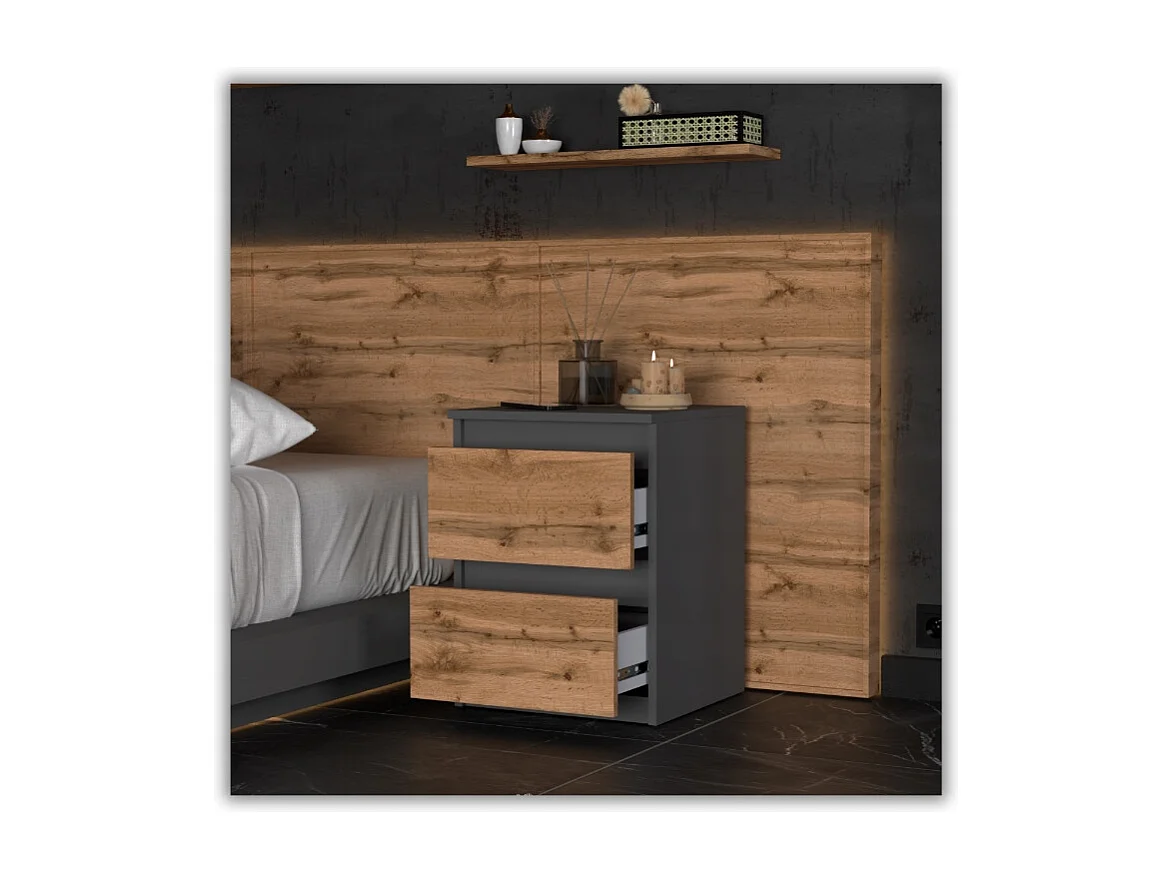 Comodino Grigio Rovere Wotan 40x40x54 cm, con 2 cassetti, mobile da notte per camera da letto