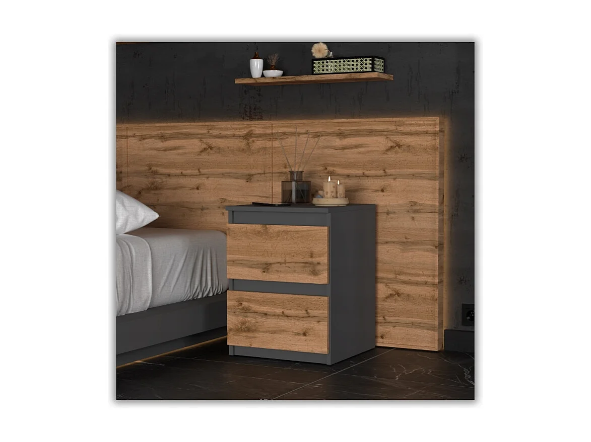 Comodino Grigio Rovere Wotan 40x40x54 cm, con 2 cassetti, mobile da notte per camera da letto