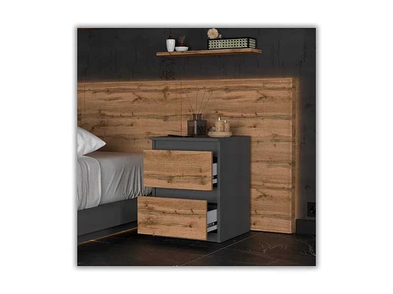Comodino Grigio Rovere Wotan 40x40x54 cm, con 2 cassetti, mobile da notte per camera da letto