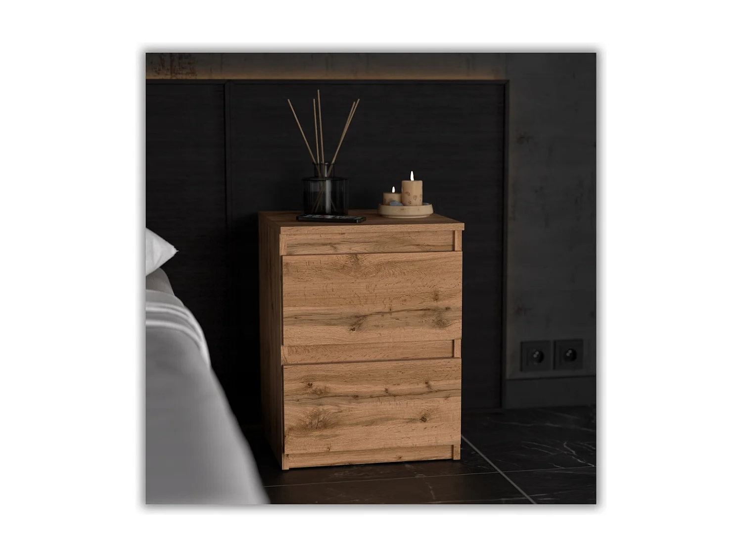 Nachtkastje Wotan Eiken 40x40x54 cm, met 2 lades, nachtkast voor de slaapkamer