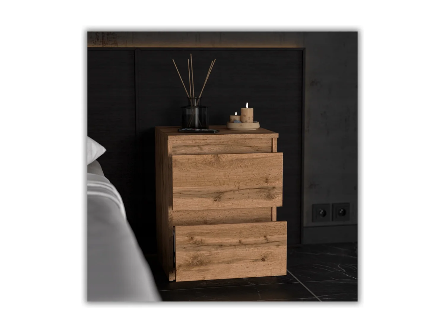 Nachtkastje Wotan Eiken 40x40x54 cm, met 2 lades, nachtkast voor de slaapkamer