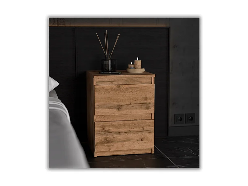 Table de chevet Chêne Wotan 40X40X54cm, 2 tiroirs, meuble de nuit pour chambre à coucher