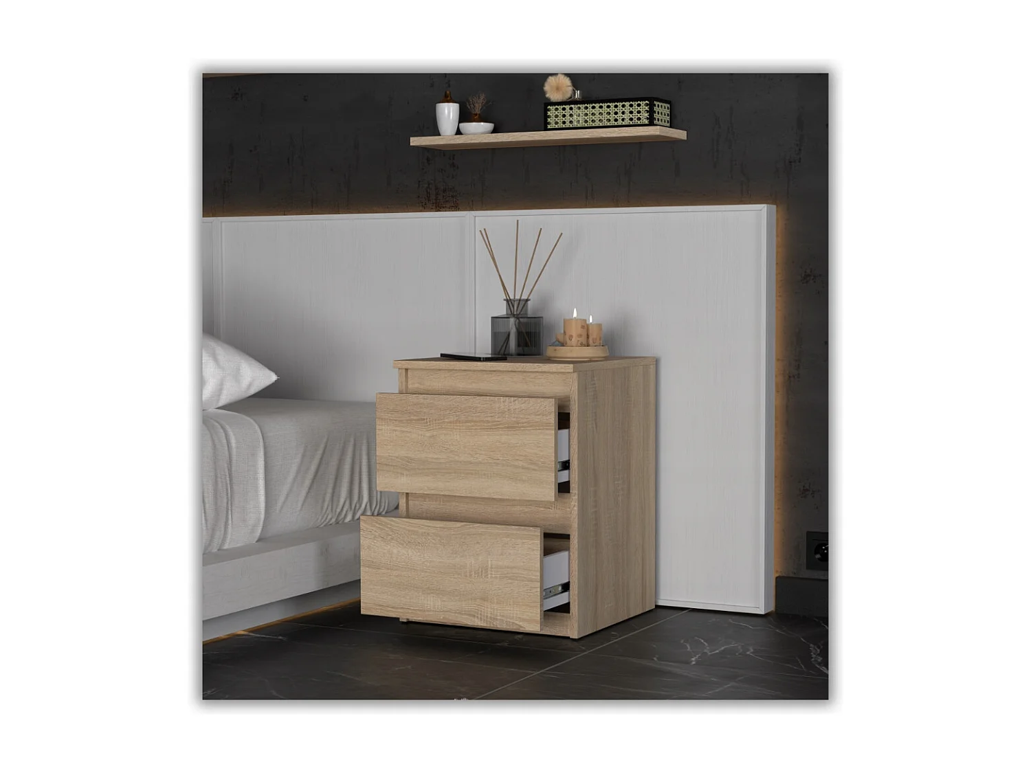 Nachtkastje in Sonoma-eik 40x40x54 cm, met 2 lades, nachtkast voor de slaapkamer