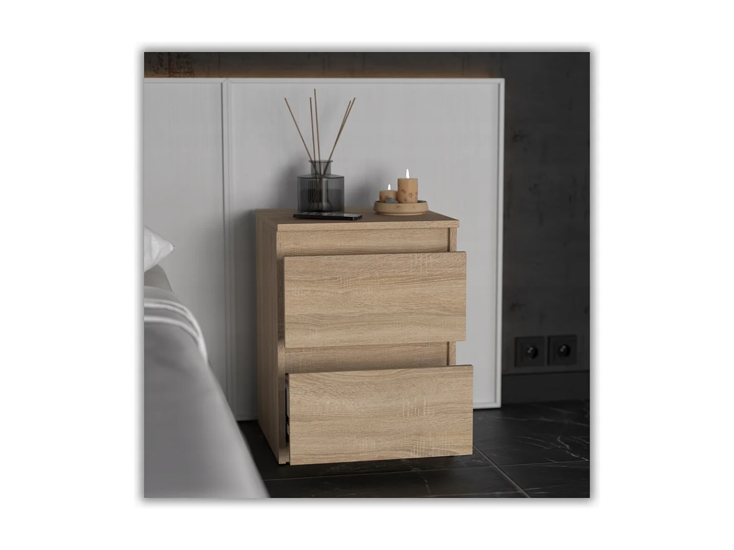 Nachtkastje in Sonoma-eik 40x40x54 cm, met 2 lades, nachtkast voor de slaapkamer