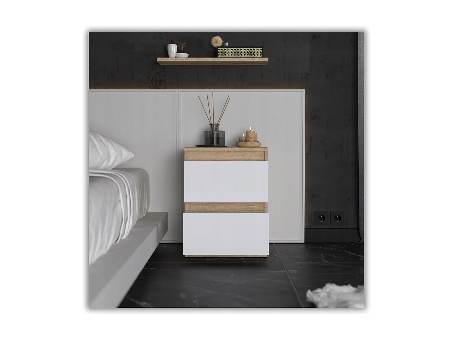 Nachtkastje Wit Sonoma Eiken 40x40x54 cm, met 2 lades, nachtkast voor de slaapkamer