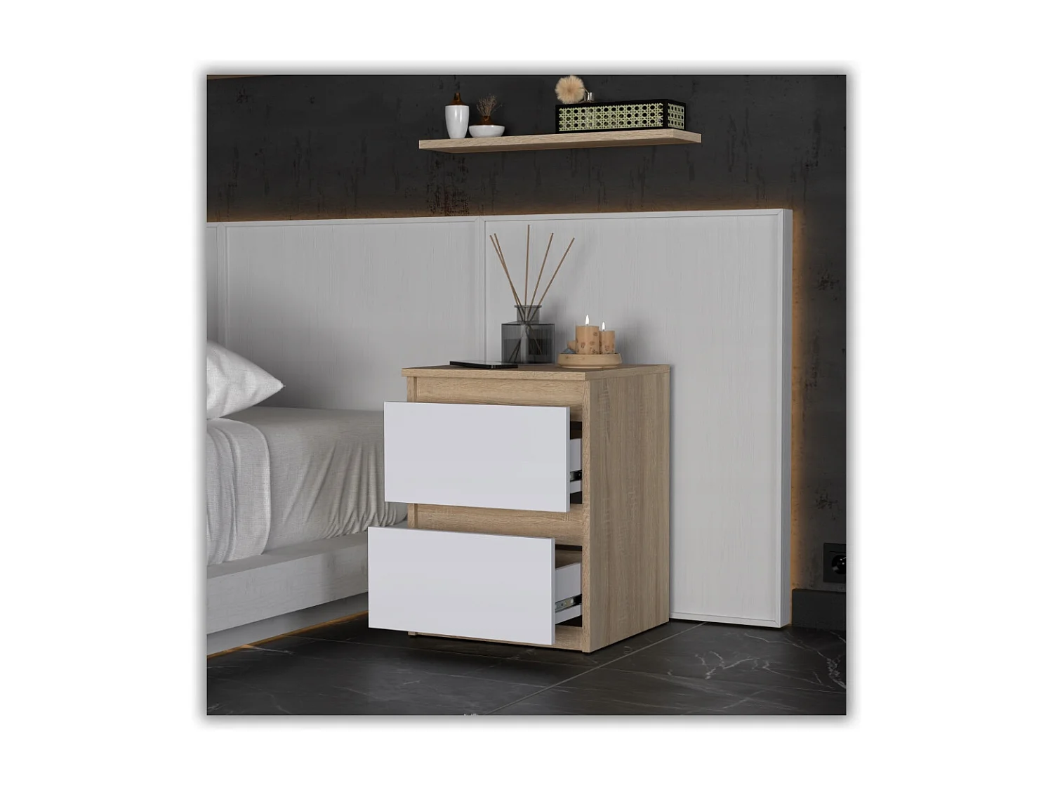 Table de chevet Blanc Chêne Sonoma 40X40X54cm, 2 tiroirs, meuble de nuit pour chambre à coucher