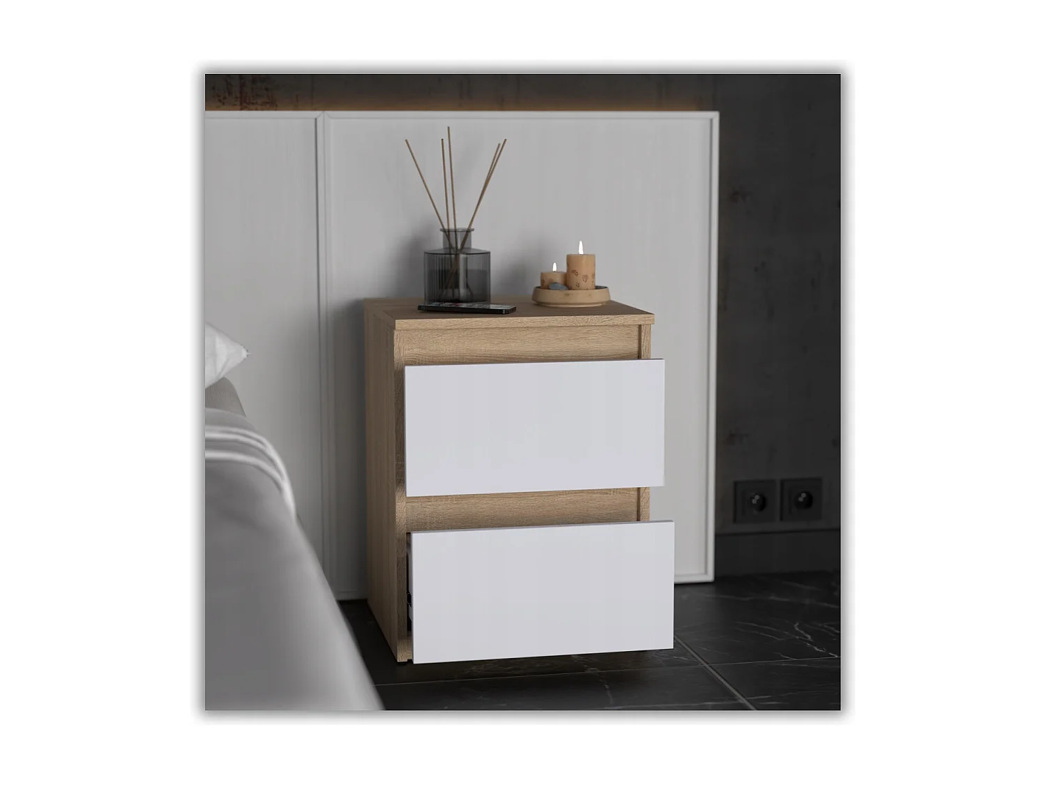 Table de chevet Blanc Chêne Sonoma 40X40X54cm, 2 tiroirs, meuble de nuit pour chambre à coucher