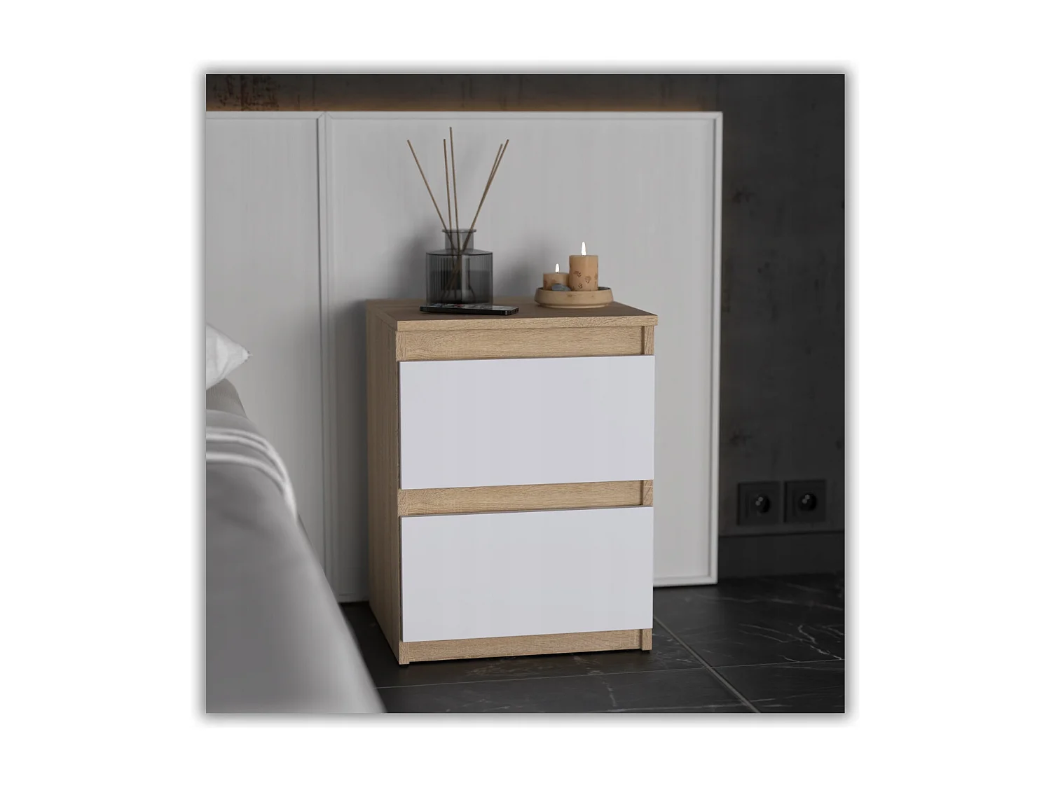 Table de chevet Blanc Chêne Sonoma 40X40X54cm, 2 tiroirs, meuble de nuit pour chambre à coucher