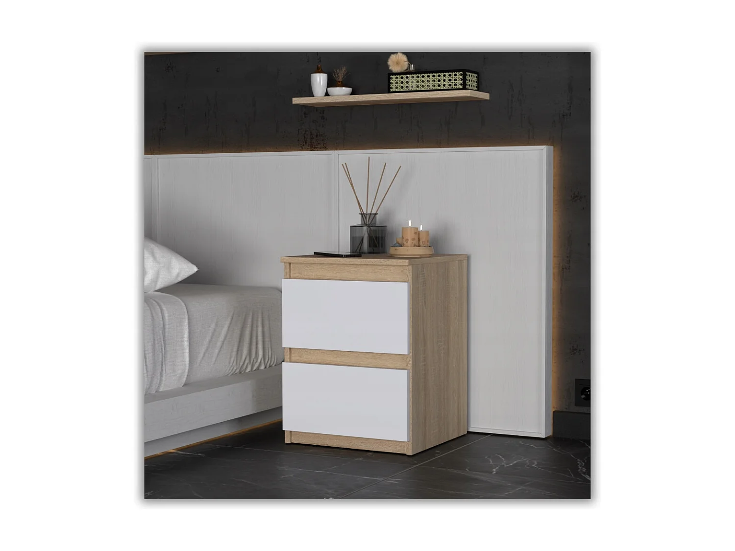 Table de chevet Blanc Chêne Sonoma 40X40X54cm, 2 tiroirs, meuble de nuit pour chambre à coucher