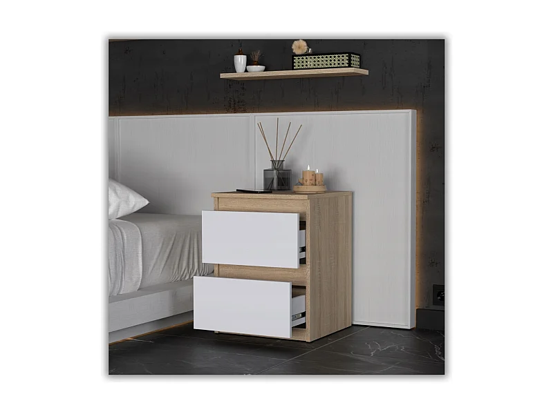 Table de chevet Blanc Chêne Sonoma 40X40X54cm, 2 tiroirs, meuble de nuit pour chambre à coucher