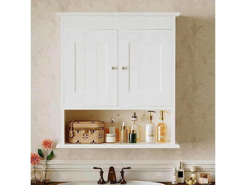 Armoire de salle de bain suspendue blanche à 2 portes, style scandinave, étagères murales loft