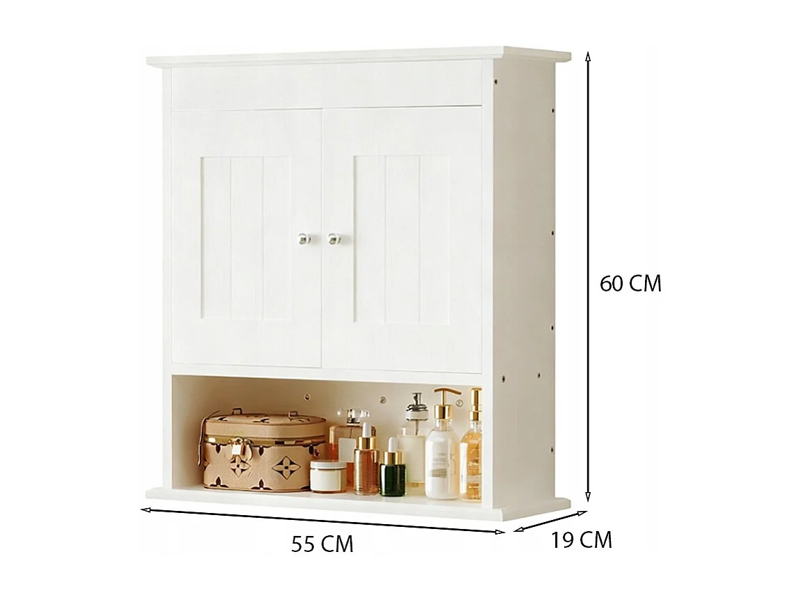 Armoire de salle de bain suspendue blanche à 2 portes, style scandinave, étagères murales loft