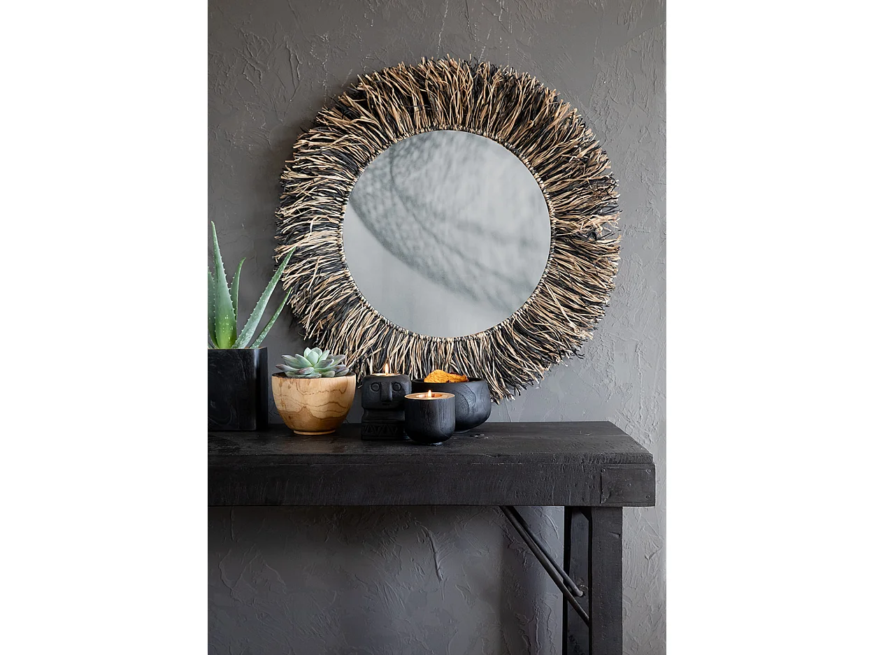 De Raffia Fringe Spiegel - Natuurlijk Zwart - L