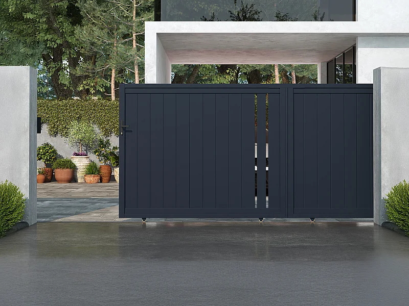Portail électrique coulissant en aluminium semi ajouré L421 x H180 cm anthracite - TOROMA