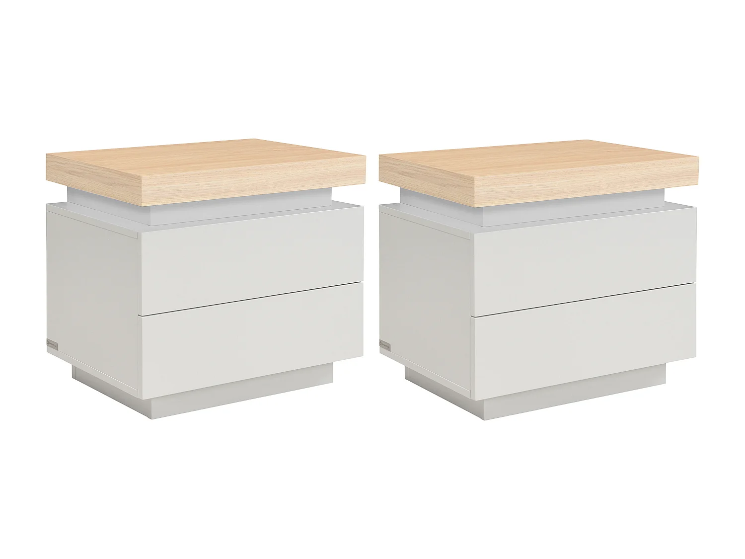 Lot de 2 tables de chevet – 2 tiroirs – MDF laqué – Avec LEDs –Coloris : Naturel et Beige – HALO