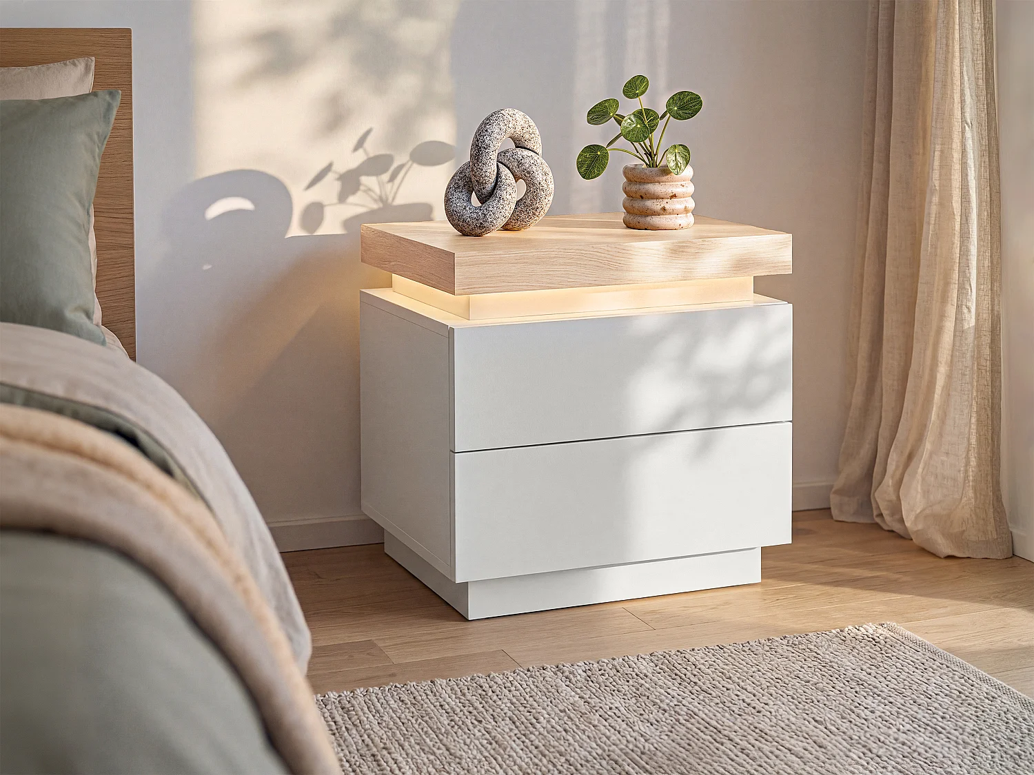 Set van 2 nachtkastjes - 2 lades - Gelakt MDF - Met LEDs - Kleur: Naturel en Beige - HALO