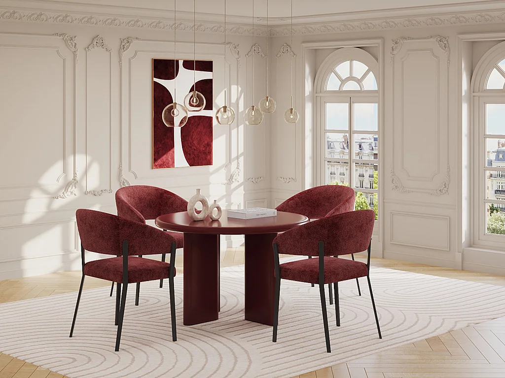 Lot de 6 chaises avec accoudoirs en tissu texturé et métal noir - Bordeaux - AVRELA