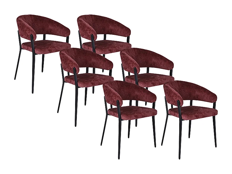 Lot de 6 chaises avec accoudoirs en tissu texturé et métal noir - Bordeaux - AVRELA