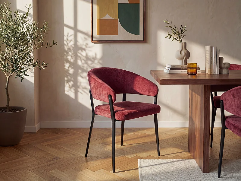 Lot de 6 chaises avec accoudoirs en tissu texturé et métal noir - Bordeaux - AVRELA