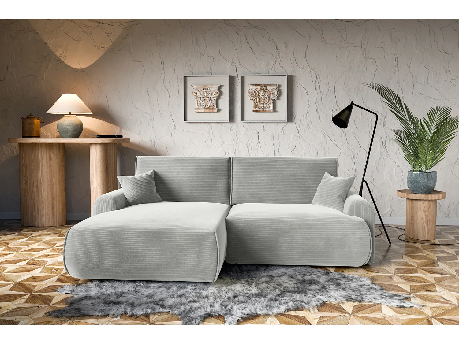 Divano letto angolare reversibile con vano contenitore universale Noboo in velluto a coste grigio chiaro del produttore - VINOTTI