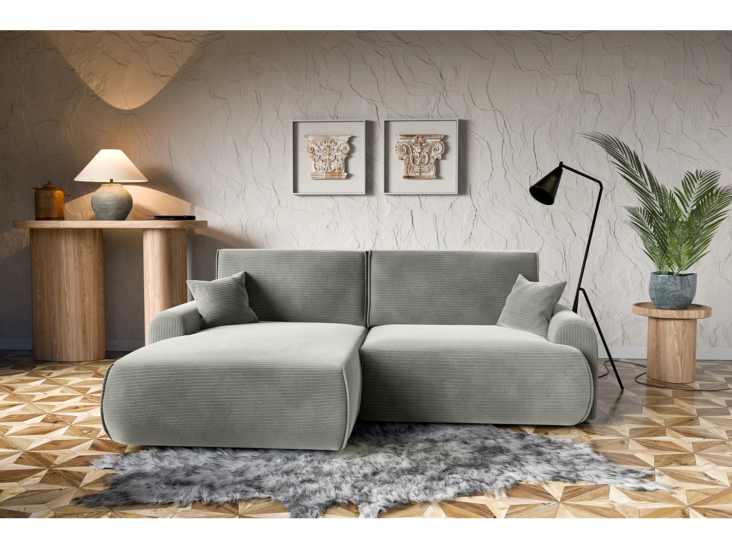 Divano letto angolare sinistro con vano contenitore Noboo in velluto a coste grigio del produttore - VINOTTI