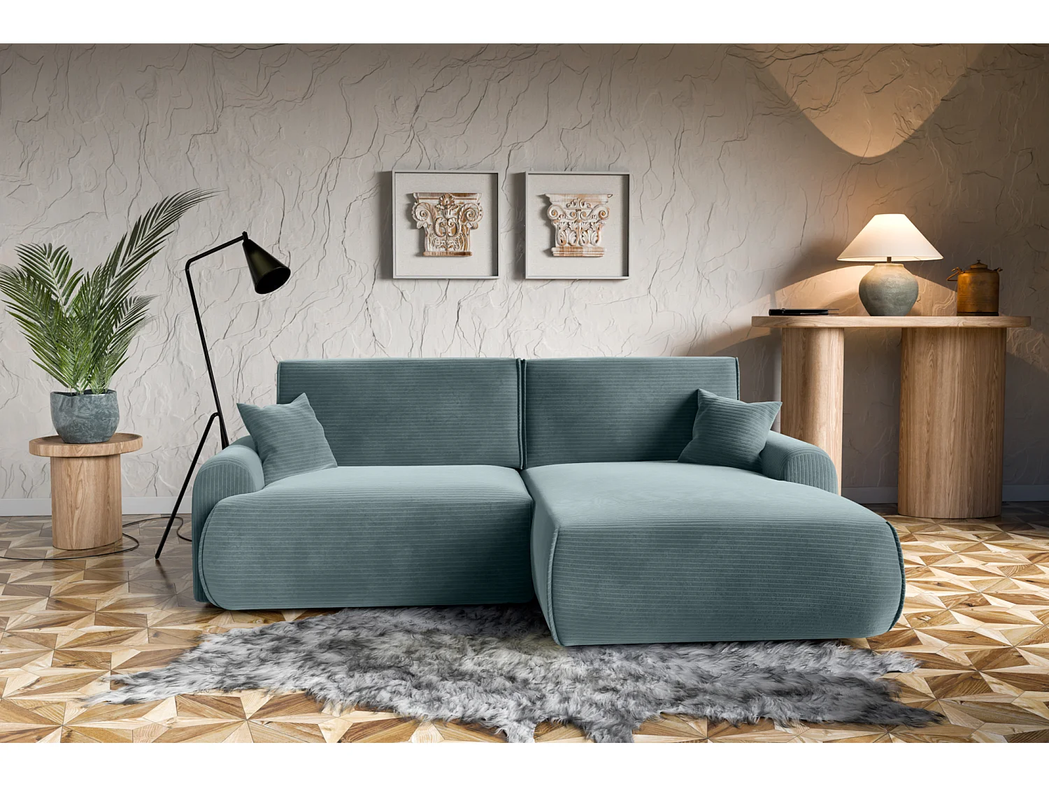 Divano letto angolare destro con vano contenitore Noboo in velluto a coste blu del produttore - VINOTTI