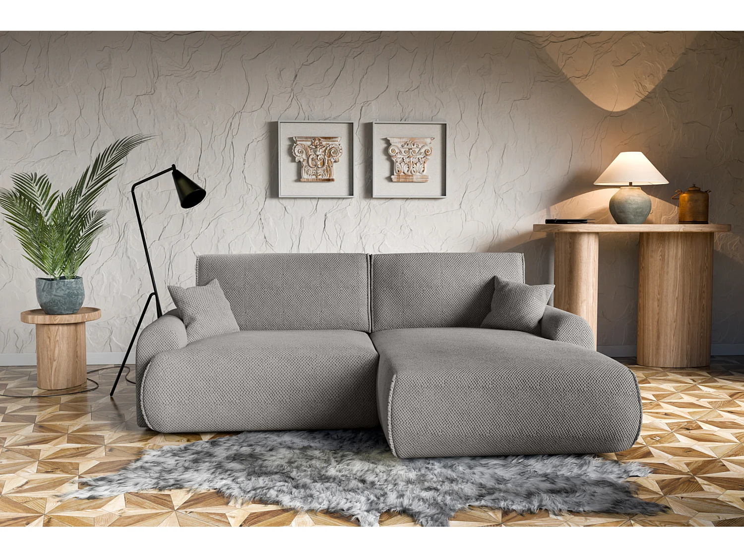 Canapé d'Angle droit avec fonction de couchage Noboo coffre en beige direct fabricant, livraison et installation offertes