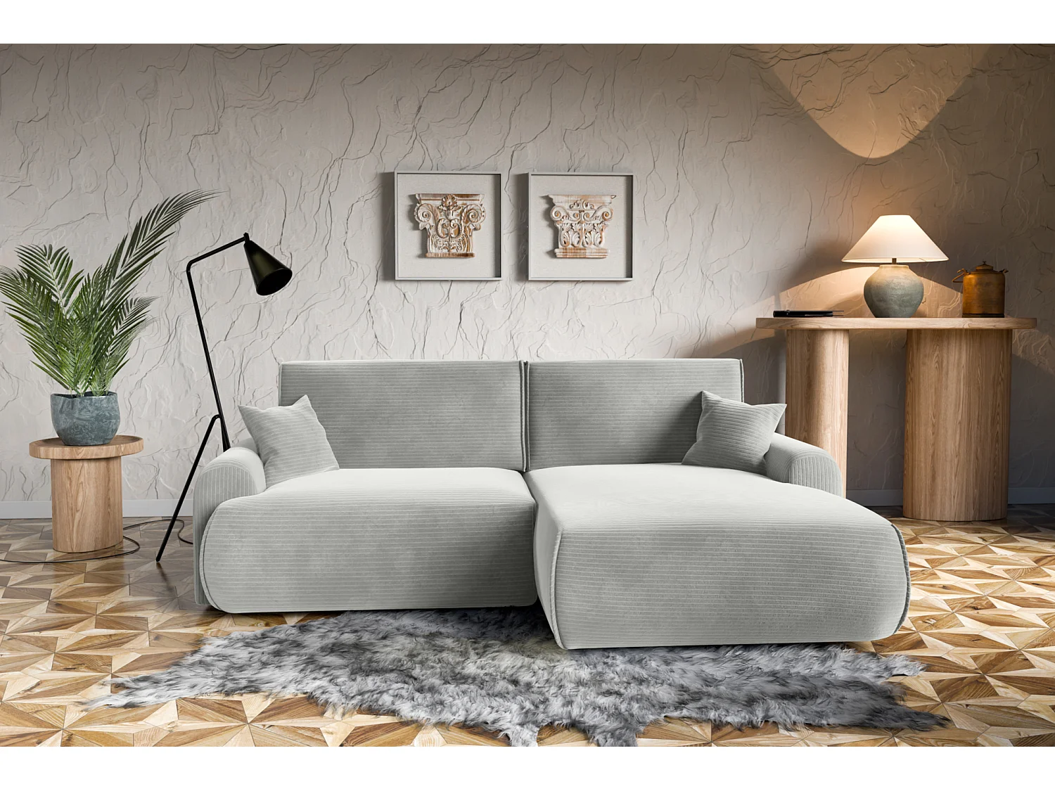 Canapé d'Angle droit avec fonction de couchage Noboo coffre en velours côtelé gris clair du fabricant -VINOTTI