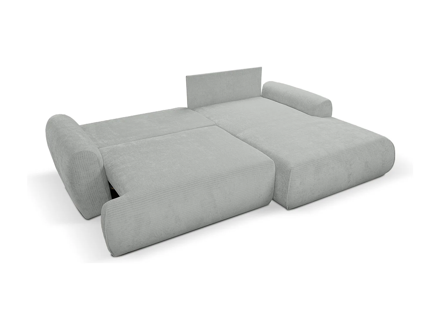 Canapé d'Angle droit avec fonction de couchage Noboo coffre en velours côtelé gris clair direct fabricant, livraison et installation offertes