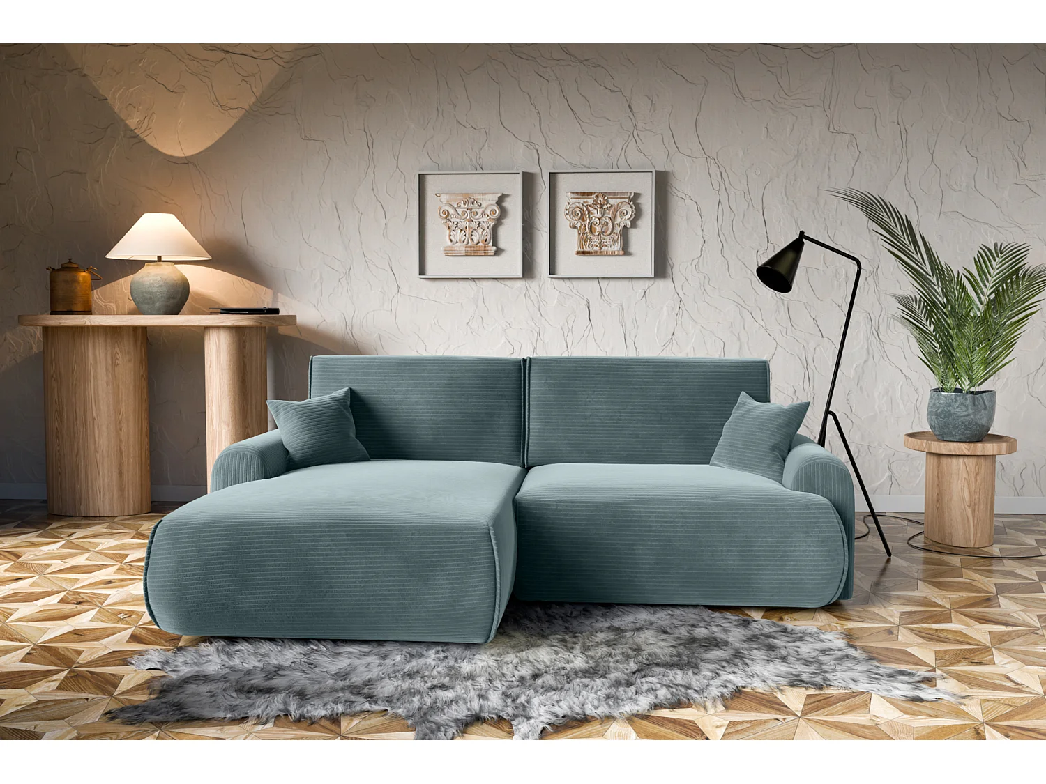 Divano letto angolare sinistro con vano contenitore Noboo in velluto a coste blu direttamente dal produttore, consegna e installazione gratuite