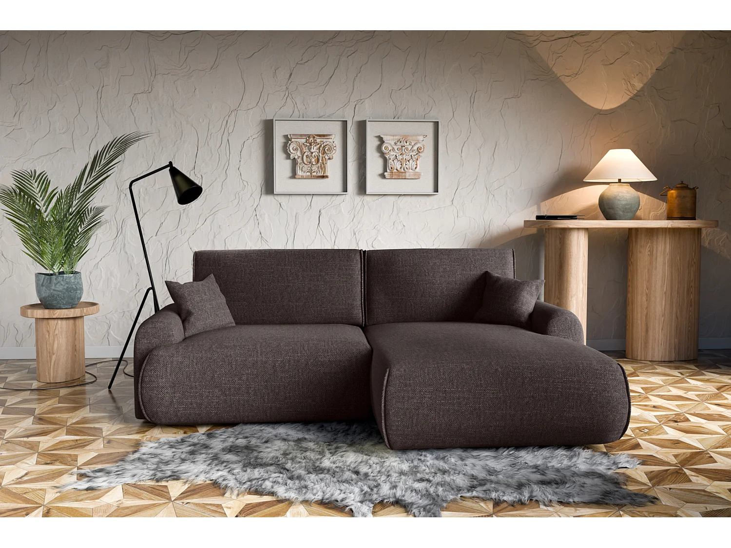 Canapé d'Angle droit avec fonction de couchage Noboo coffre en brun chocolat direct fabricant, livraison et installation offertes