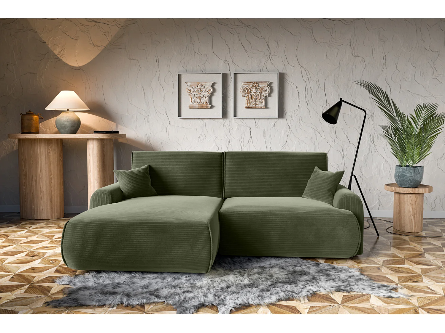 Canapé d'Angle gauche avec fonction de couchage Noboo coffre en velours côtelé vert du fabricant -VINOTTI